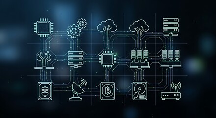 Illustration of interconnected technology icons on a dark background with circuit lines
