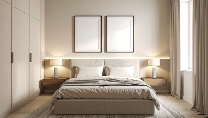 A stylish bedroom with a beige color scheme, a bed, two framed pictures, wooden bedside tables, lamps and a rug