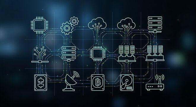 Illustration of interconnected technology icons on a dark background with circuit lines