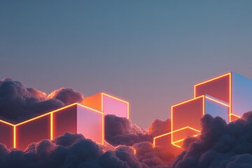 Shimmering geometric shapes emerge from vibrant clouds, creating