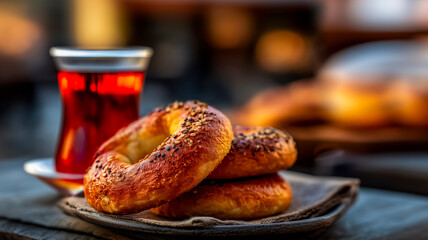 Hot Turkish bagels with sesame seeds and a glass of hot sweet tea. Close-up of bagels, traditional breakfast pastries, selective focus on the buns