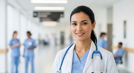 Portrait of a smiling female doctor in a hospital hallway wearing a white coat and stethoscope