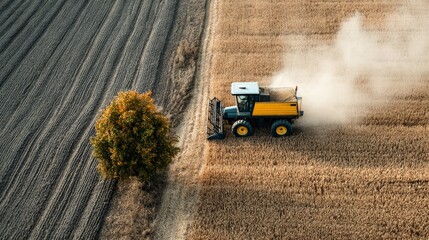 Yellow harvester cutting golden wheat with dust cloud and single tree on farmland landscape
