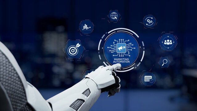 A futuristic robot hand points at a marketing automation interface, showcasing dynamic data and analytics in a modern office, symbolizing innovation and efficiency. Synapse