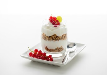 A delicious yogurt parfait with granola and red currants, served in a glass on a white plate with a spoon, isolated on white background