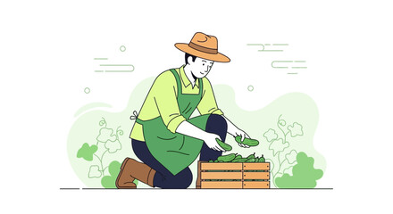Farmer Harvesting Fresh Cucumbers From Wooden Crate In A Flourishing Garden Scene