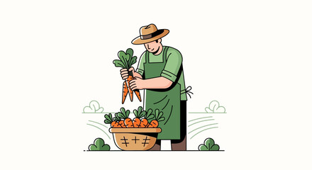 Farmer Harvesting Fresh Carrots From the Field in a Minimalist Illustration Style