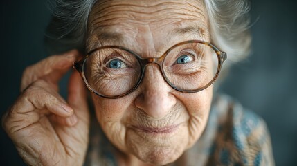 Elderly Woman Adjusting Glasses with Curious Expression