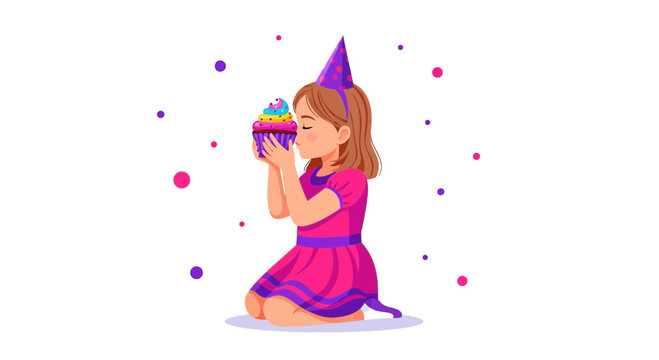 Girl Embraces Birthday Cupcake, Celebrating A Special Day With Confectionery Joy