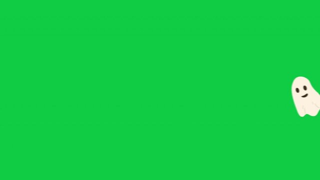 Animated Halloween video with ghosts, pumpkins, tombstone, broom, candy popping up on Green screen chromakey background. Orange text Happy Halloween appearing. Ghost floating. Spooky festive motion.