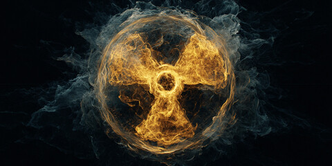 Abstract glowing radioactive hazard symbol made of fiery energy smoke on black background - AI generated