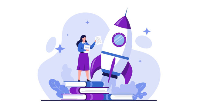 Female Leader Launches Startup With Rocket Symbolizing Education and New Beginnings