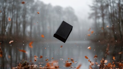 Floating black book in mid-air, blurred lakeside autumn scenery, educational or conceptual imagery