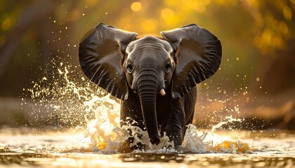 Powerful Elephant Crossing a River in Sunlight.