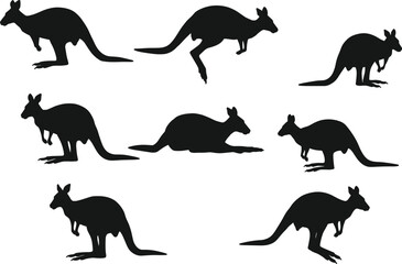 Kangaroo silhouette set, Australian wildlife vector, marsupial animal illustration, hopping poses, unique nature clipart design