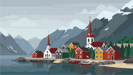 Scandinavian Coastal Town with Fjord and Mountains