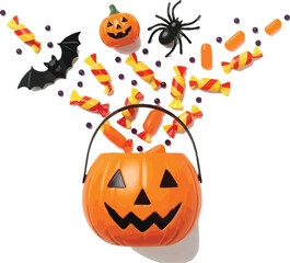 Spooky halloween pumpkin bucket overflowing with candy and decorations on white background