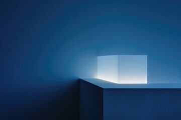 Illuminated cube contrasts sharply against deep blue background,