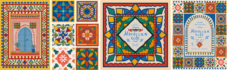 Moroccan tile. ornament and pattern. Vector illustration of mosaic, floral border and frame, oriental door or gate, ceramic for poster, boho print, invitation, textile, fabric or background