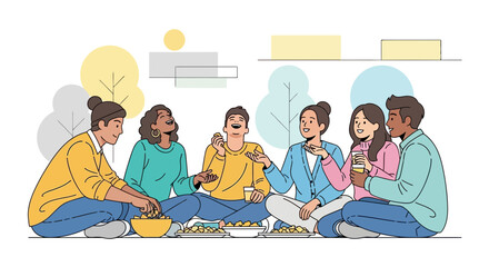 Friends Enjoying Food And Drink While Laughing Outdoors Together In Sunny Weather