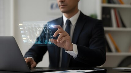 Man in suit interacts with holographic financial data on a digital screen office