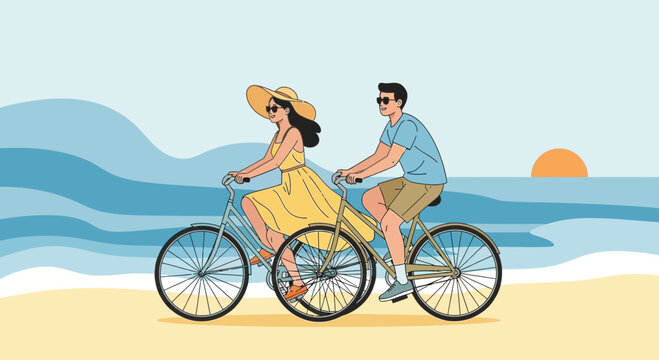 Happy couple cycling on a beach at sunset, romantic summer vacation vector illustration - Powered by Adobe