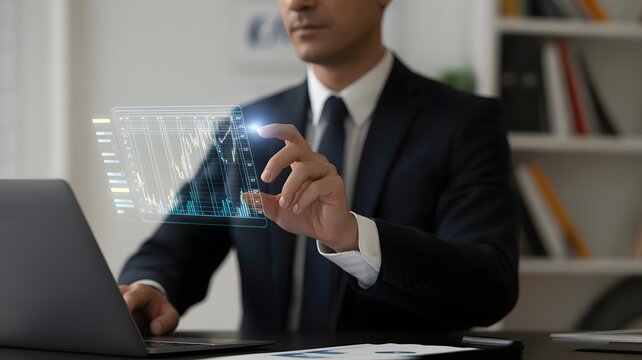 Man in suit interacts with holographic financial data on a digital screen office