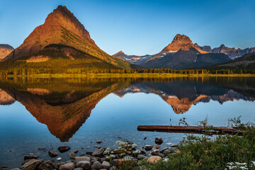 Crystal Clear Reflections of the Mountains on Swiftcurrent Lake, Many Glacier, Glacier National Park, Montana