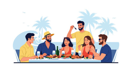 Friends Enjoying Seaside Meal, Relaxing Vacation Moments, Tropical Dining Together