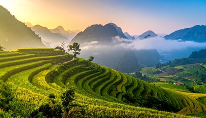 Obraz premium Sunrise over Lush Green Rice Terraces in Mountains.