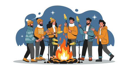 Friends Gather Around Campfire Roasting Corn Under Starry Night Sky