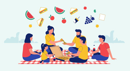 Happy Family Picnic Enjoying Mealtime Outdoors With Pizza Sandwiches Fruits and Drink