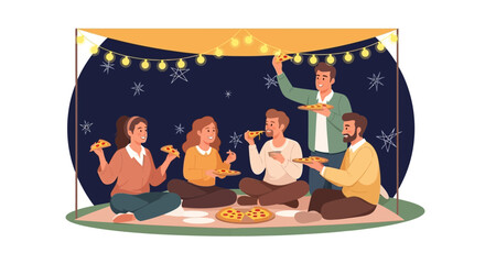 Friends Gather To Enjoy Pizza Under Light Tent And Starry Night Sky Scene