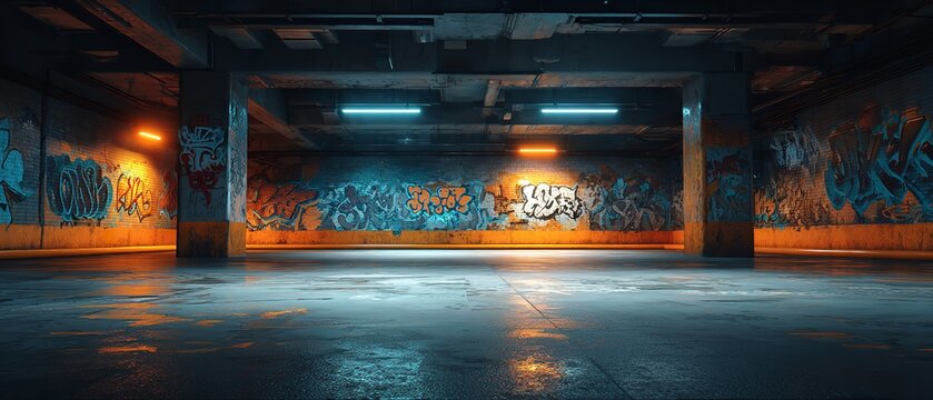 Gritty urban warehouse with vibrant graffiti art, perfect for edgy film shoots or creative events, offering a unique industrial atmosphere and raw character