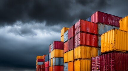 Fototapeta premium Colorful cargo containers stacked at a shipping yard under darkening skies