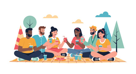 Friends Gathering Together For A Relaxing Picnic Outdoor Leisure Activity