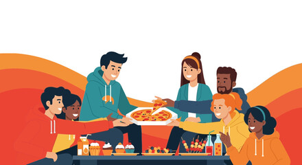 Friends Gathering Together Sharing Food, Enjoying Delicious Pizza During Get-Together Moments