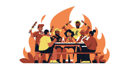 Friends Get Together For A Lively Cookout Party With Skewers Near Cozy Flames