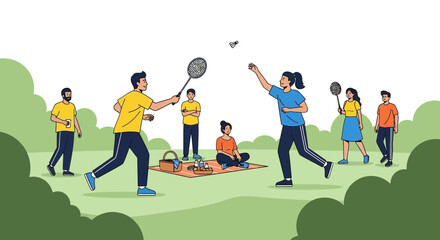 Friends Playing Badminton and Enjoying Outdoor Recreation on a Sunny Day Together