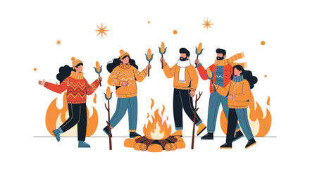 Friends Roasting Corn Around a Bonfire and Sharing a Moment of Culinary Delight