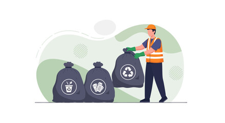 Garbage Collector Preparing Recyclable Trash Bags for Environmental Sustainability Efforts