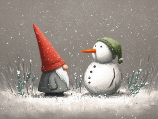 A charming winter illustration of a gnome and a snowman standing together in falling snow.
