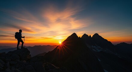 Silhouette of a lone hiker with a backpack and poles watching a spectacular sunrise over a jagged mountain range.