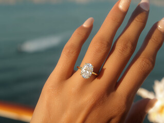 A close-up of a hand with a sparkling diamond engagement ring against a blurred ocean background.