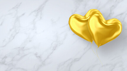 Two golden heart-shaped balloons floating against a white marble wall background.