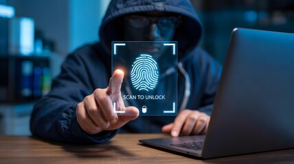Person in hoodie scanning fingerprint on digital interface for access with laptop