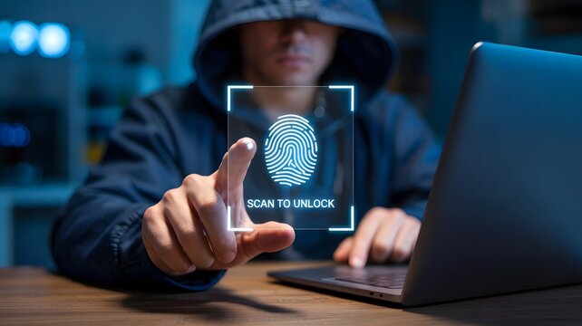 Person in Hood Interacting with Fingerprint Scan Interface on Laptop hacker cybersecurity - Powered by Adobe