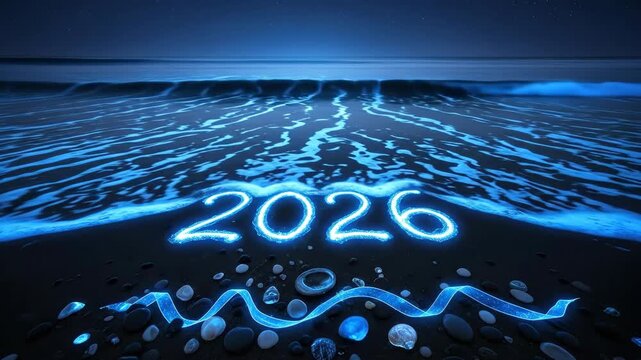 Ocean Waves Glowing with Light in Nighttime Beach Setting with 2026 Written in Sand