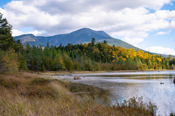 Vibrant fall New England Foliage Over Pond