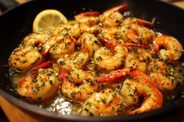 Close-up of sizzling garlic butter shrimp with herbs in a pan, garnished with a lemon slice.